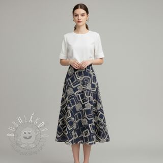 Bavlnená látka JEANS EMBROIDERY Square dark blue