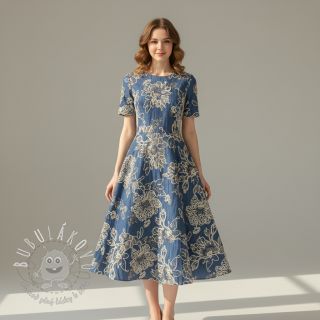 Bavlnená látka JEANS EMBROIDERY Bouquet blue