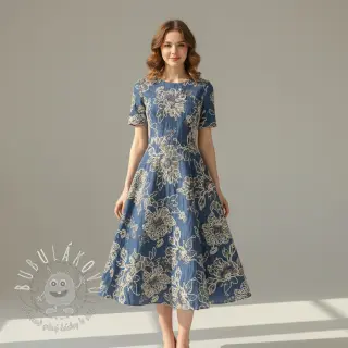 Bavlnená látka JEANS EMBROIDERY Bouquet blue
