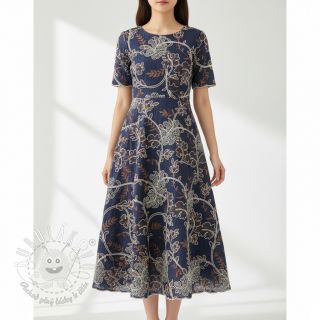 Bavlnená látka JEANS Embroidery leaves dark blue