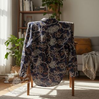 Bavlnená látka JEANS Embroidery leaves dark blue