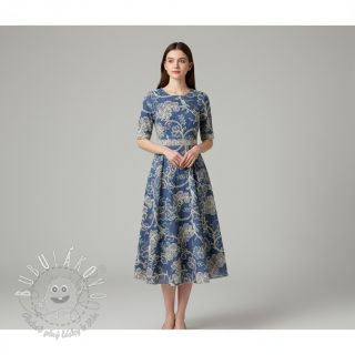 Bavlnená látka JEANS Embroidery leaves light blue