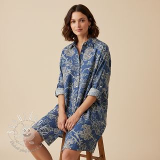 Bavlnená látka JEANS Embroidery leaves light blue