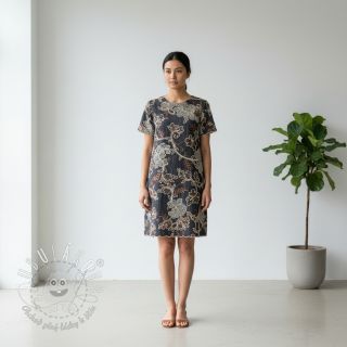 Bavlnená látka JEANS Embroidery leaves black