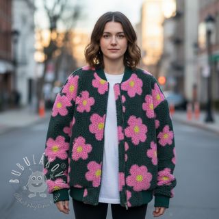 Kabátovina TEDDY JACQUARD Flowers army green/pink