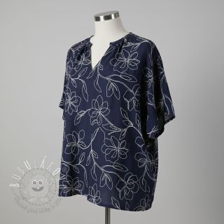 Viskóza s ľanom EMBROIDERY Flower Danielle navy