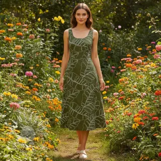 Viskóza s ľanom EMBROIDERY Leaves forest green
