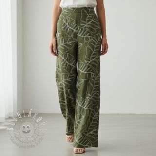 Viskóza s ľanom EMBROIDERY Leaves forest green