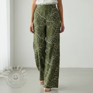 Viskóza s ľanom EMBROIDERY Leaves forest green