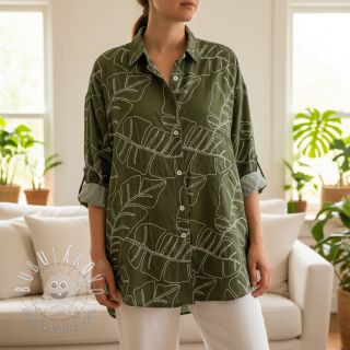 Viskóza s ľanom EMBROIDERY Leaves forest green