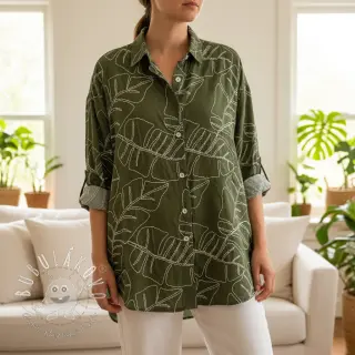 Viskóza s ľanom EMBROIDERY Leaves forest green