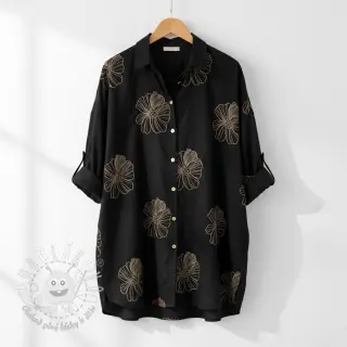 Viskóza s ľanom EMBROIDERY Flower Maya black
