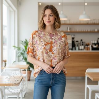 Viskóza SATIN Flowie Noe orange digital print