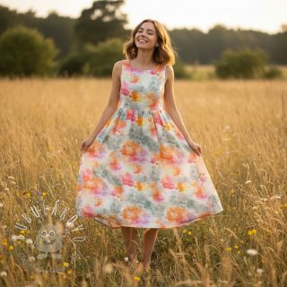 Ľan s bavlnou Abstract flowers RAMIE orange digital print