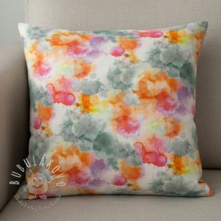 Ľan s bavlnou Abstract flowers RAMIE orange digital print