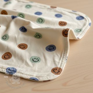 Bavlnená látka FLANNEL Happy faces off white green