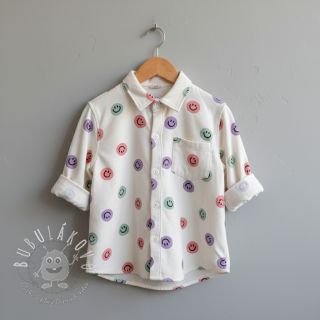 Bavlnená látka FLANNEL Happy faces off white lilac