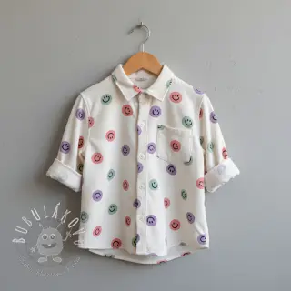 Bavlnená látka FLANNEL Happy faces off white lilac