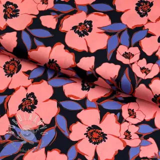 Bavlnená látka SATIN Flower Kala navy