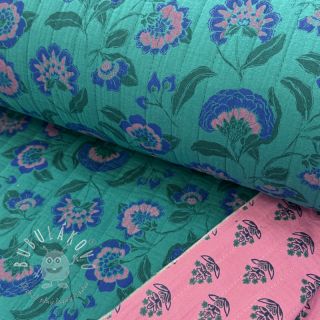 Dvojitá gázovina/mušelín STEPPED Flowers petrol