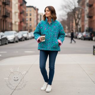 Dvojitá gázovina/mušelín STEPPED Flowers petrol