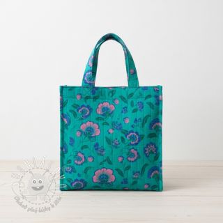 Dvojitá gázovina/mušelín STEPPED Flowers petrol