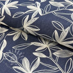 Bavlnená látka JEANS Embroidery Flowers white