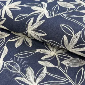 Bavlnená látka JEANS Embroidery Flowers white
