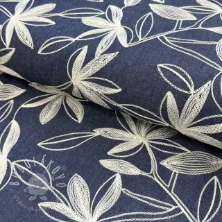 Bavlnená látka JEANS Embroidery Flowers white