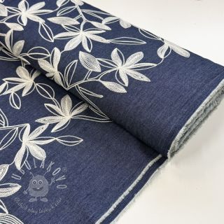 Bavlnená látka JEANS Embroidery Flowers white