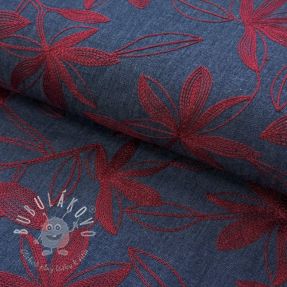 Bavlnená látka JEANS Embroidery Flowers burgundy