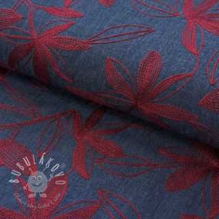Bavlnená látka JEANS Embroidery Flowers burgundy