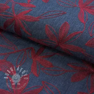 Bavlnená látka JEANS Embroidery Flowers burgundy