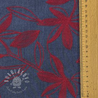 Bavlnená látka JEANS Embroidery Flowers burgundy