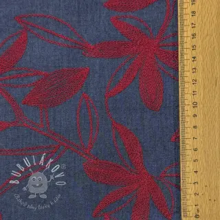 Bavlnená látka JEANS Embroidery Flowers burgundy