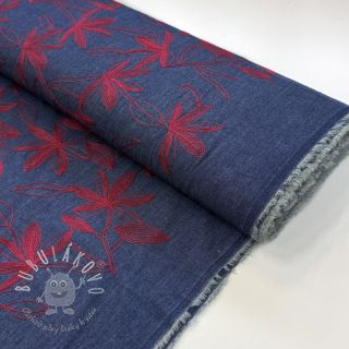 Bavlnená látka JEANS Embroidery Flowers burgundy