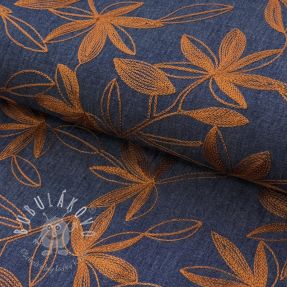 Bavlnená látka JEANS Embroidery Flowers camel
