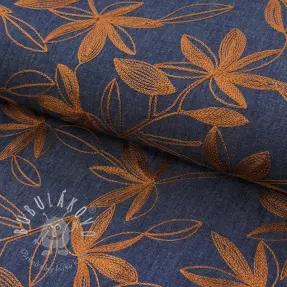 Bavlnená látka JEANS Embroidery Flowers camel