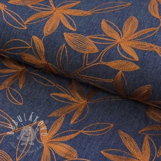 Bavlnená látka JEANS Embroidery Flowers camel