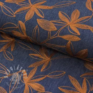 Bavlnená látka JEANS Embroidery Flowers camel