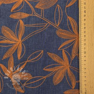 Bavlnená látka JEANS Embroidery Flowers camel