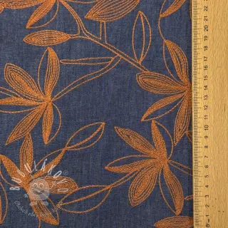 Bavlnená látka JEANS Embroidery Flowers camel