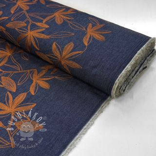 Bavlnená látka JEANS Embroidery Flowers camel