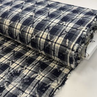 Bavlnená látka YARN DYED BRUSHED Check EMBROIDERY navy