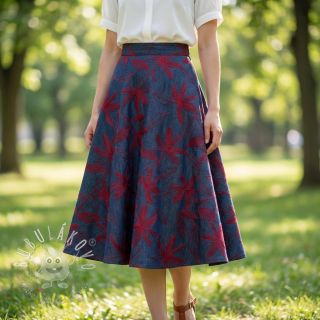 Bavlnená látka JEANS Embroidery Flowers burgundy