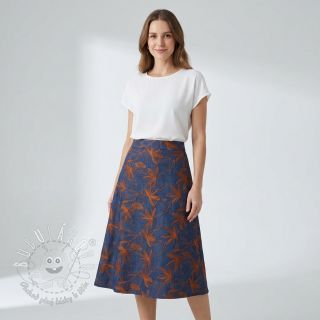 Bavlnená látka JEANS Embroidery Flowers camel