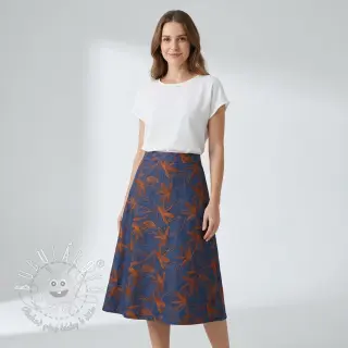 Bavlnená látka JEANS Embroidery Flowers camel