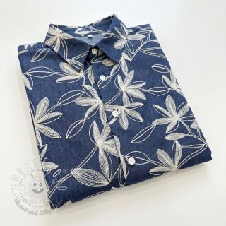 Bavlnená látka JEANS Embroidery Flowers white