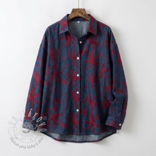 Bavlnená látka JEANS Embroidery Flowers burgundy