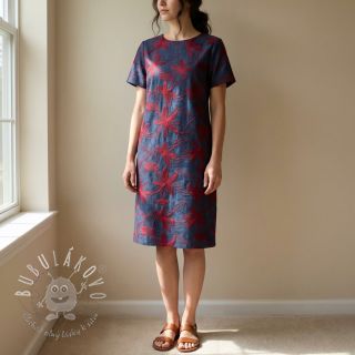 Bavlnená látka JEANS Embroidery Flowers burgundy